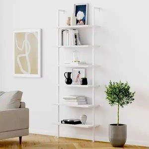 Wood 6-Shelf Tall Ladder Bookshelf Wall Mount Bookcase with White Metal Frame